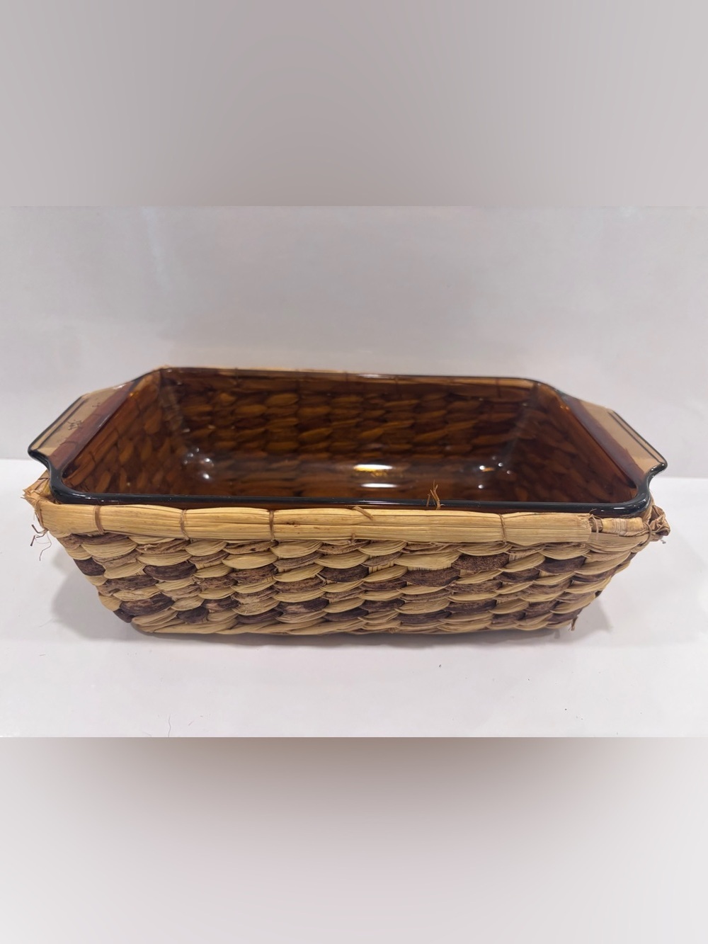 Vintage amber glass oven proof loaf pan baking dish w basket holder made in USA